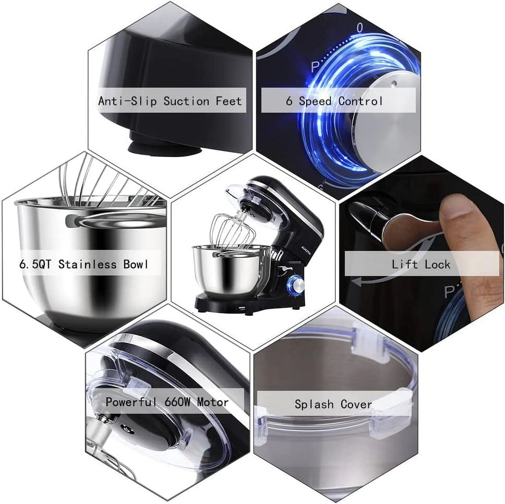 Stand Mixer 6.5-QT 660W 6-Speed Tilt-Head with Dough Hook, Wire Whip & Beater J833541