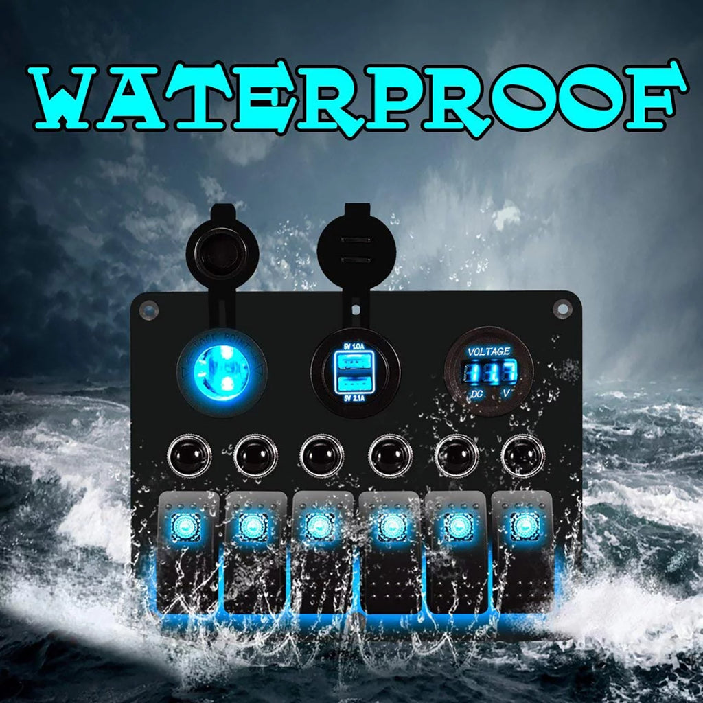 6 Gang LED Rocker Switch Panel Dual USB Waterproof Voltmeter U420905