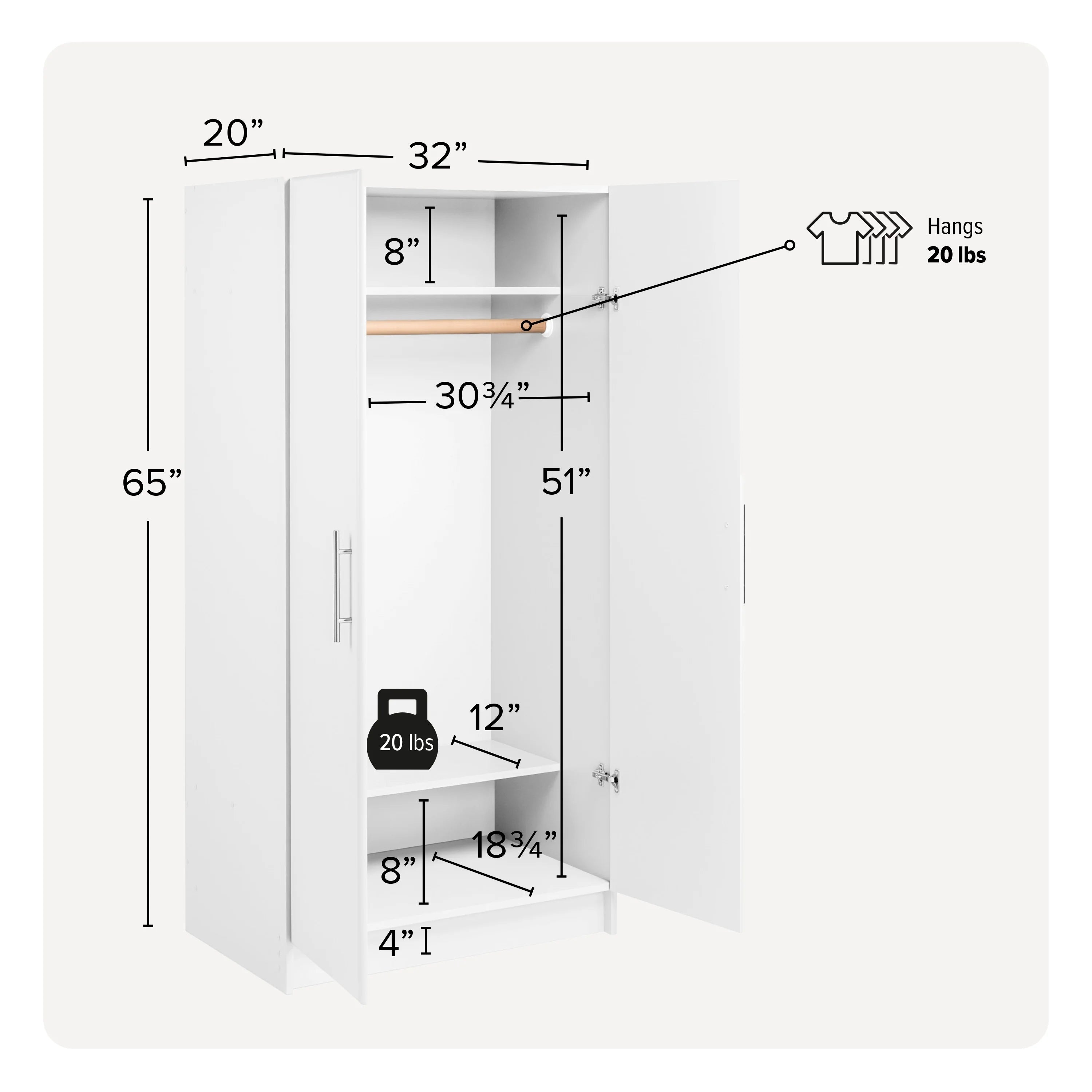 White Wardrobe Closet with Hanging Rail P4745