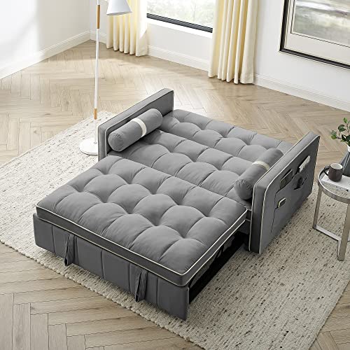 Tufted Velvet Convertible Loveseat Sofa Bed with Pull-Out Bed, Grey R330