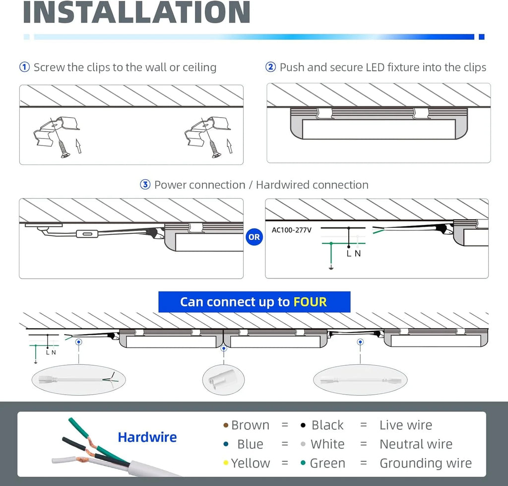 8FT LED Shop Light, 72W 9000LM 5000K, Linkable Tube Lights with Plug, 4 Packs V42093