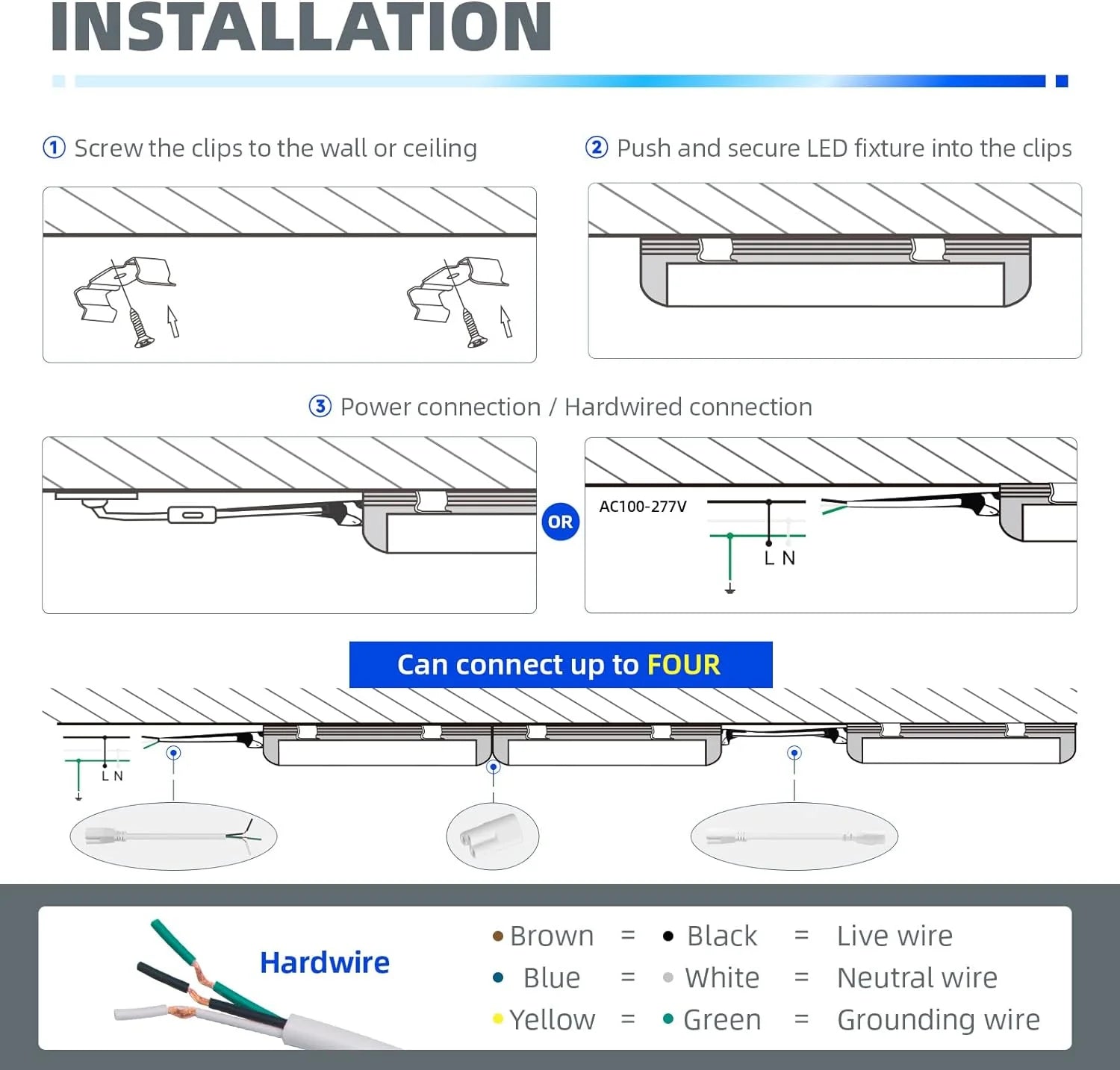 8FT LED Shop Light, 72W 9000LM 5000K, Linkable Tube Lights with Plug, 4 Packs V42093