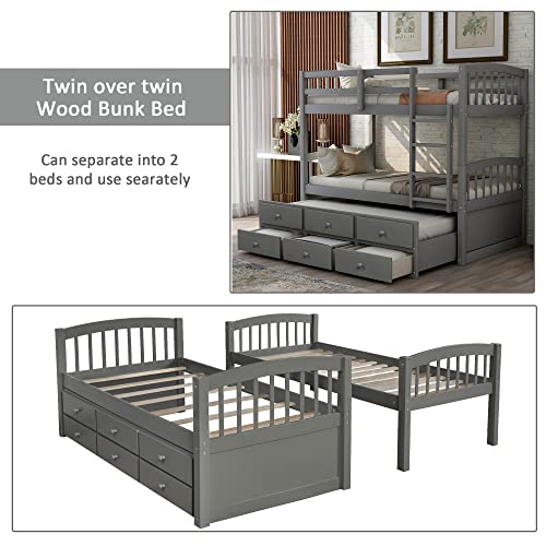 Twin Over Twin Bunk Bed with Storage Drawers and Trundle, Solid Wood Frame G366