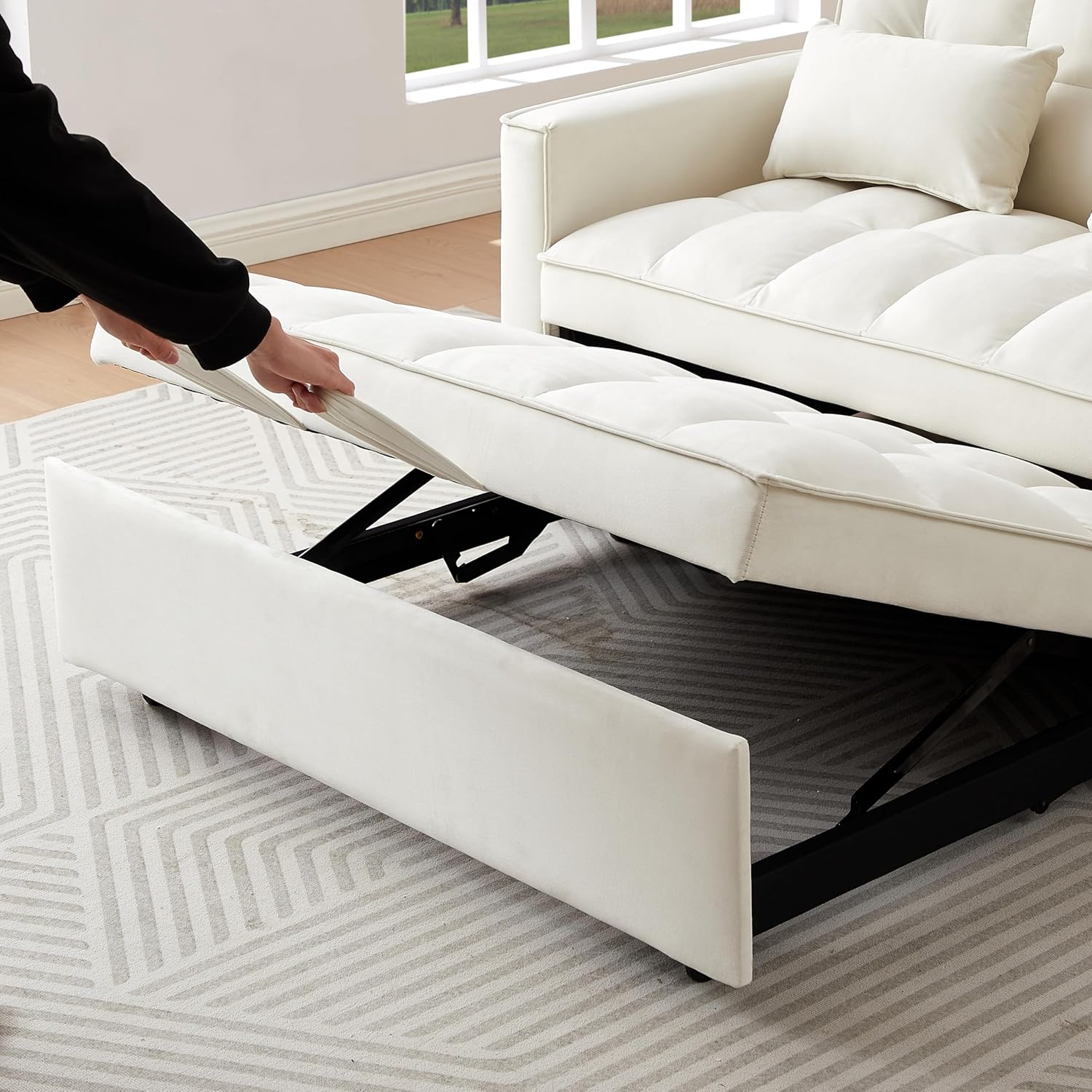 Convertible Loveseat Sleeper Sofa with Adjustable Backrest and Pull-Out Bed, Ivory G5626