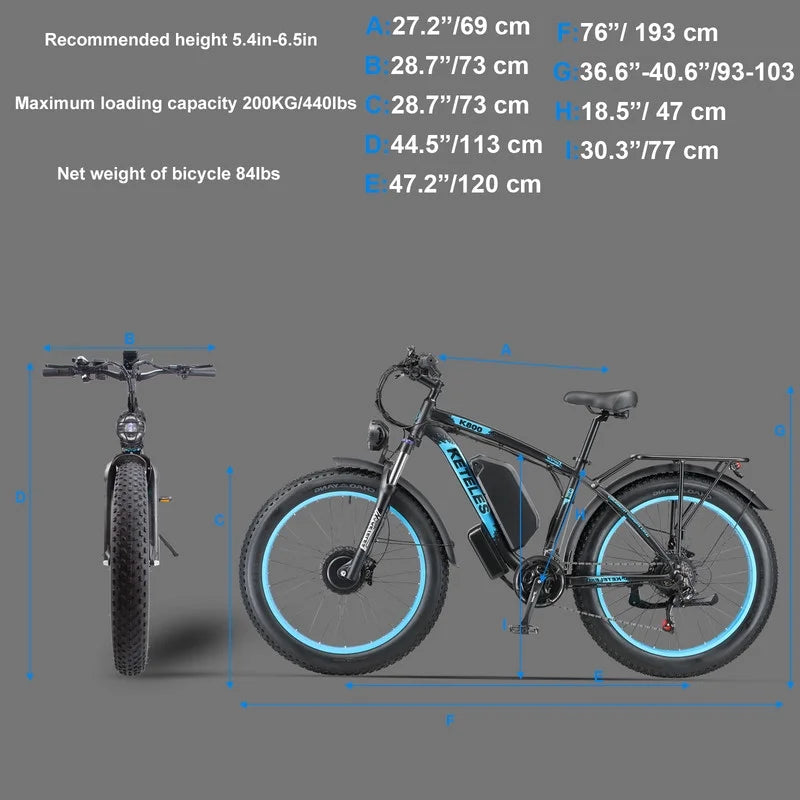 Electric Bike for Adults 2000W 48V 23AH Removable Battery 26" Fat Tire H9648