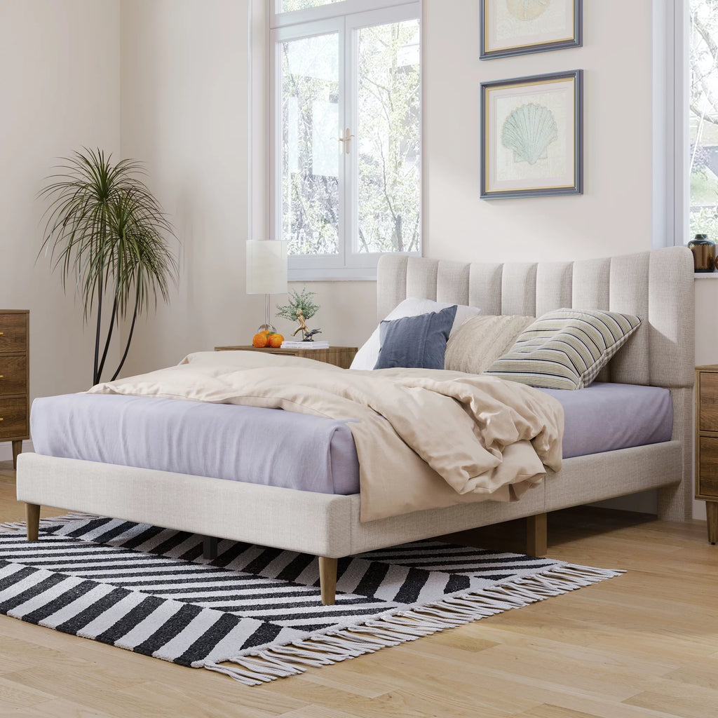 Upholstered Queen Platform Bed with Tufted Headboard, Solid Wood Legs, No Box Spring Needed A948666
