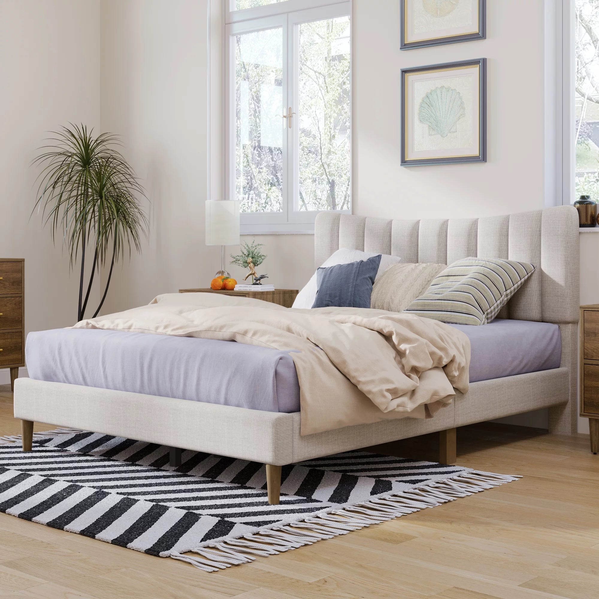 Upholstered Queen Platform Bed with Tufted Headboard, Solid Wood Legs, No Box Spring Needed A948666