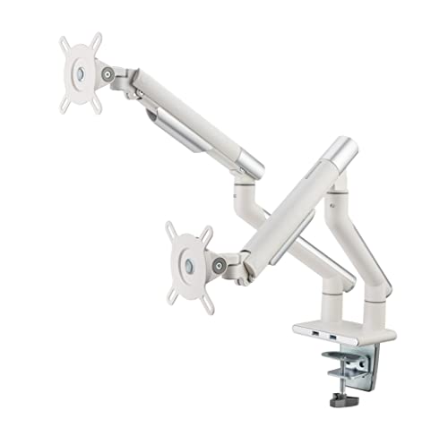 POUT E12 Dual Monitor Arm Mount Stand for Desk- Adjustable Full Motion Tilt/Swivel/Rotate 4-20lbs Capacity 75x75mm 100x100mm VESA 17"-32" Display Each- Extends 19" Forward & 17" High (Grey/Black)