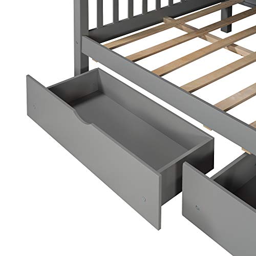 Twin Over Twin/Full Bunk Bed with Trundle and Drawers, Solid Wood Staircase T72769