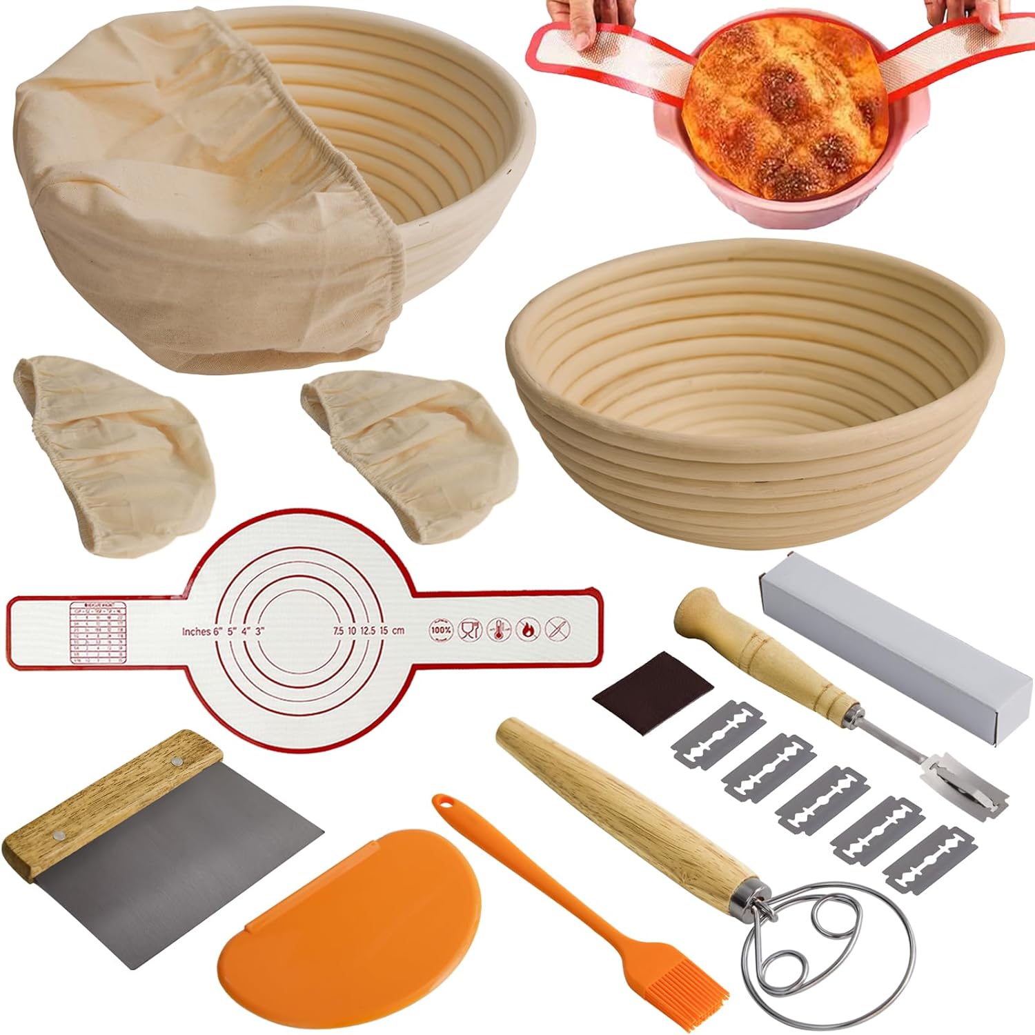 16PCS Bread Proofing Basket Kit,9 In Round Sourdough Proofing Basket,Proofing Set,Sourdough Bread Baking Supplies with Dough Whisk,Linen Liner,Dough Scraper,Bread Lame,Silicone Bread Sling