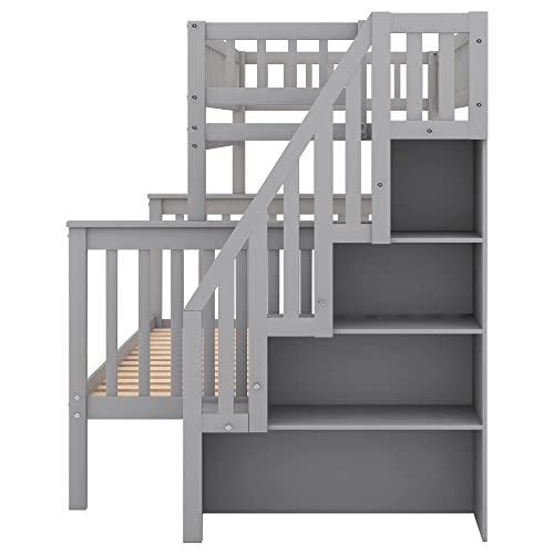 Twin Over Twin/Full Bunk Bed with Trundle and Drawers, Solid Wood Staircase T72769