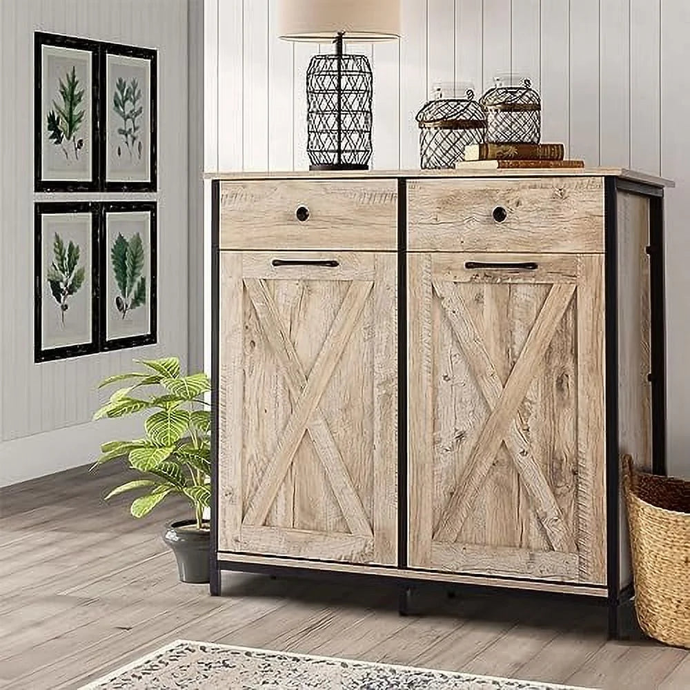 Double Barn Door Trash Cabinet with Hideaway Drawer G9317