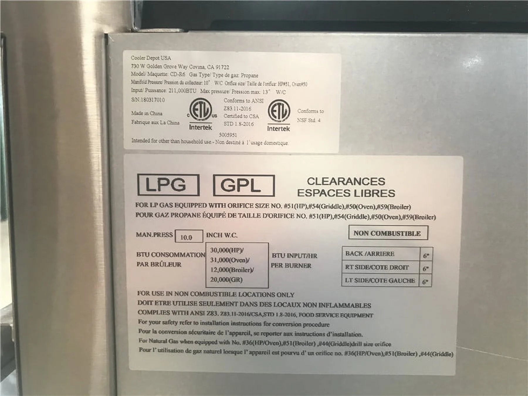 6 Burner Commercial Range & Oven with Natural Gas and Propane C15647