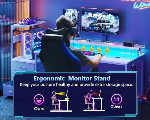 Gaming Desk with USB Charging Ports & LED Light, Reversible Computer Desk with Storage Shelves T781