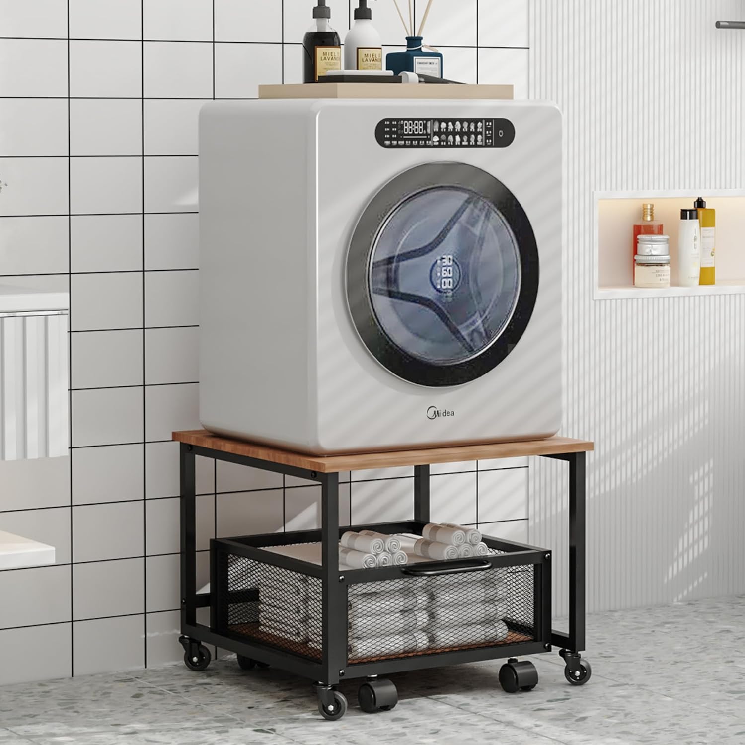 Mini Fridge Stand with Rolling Cart, 2 Lockable Wheels, Metal Basket Drawers H6415