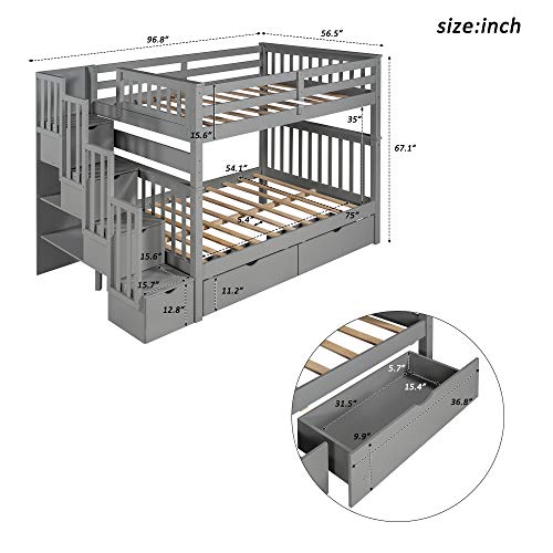 Twin Over Twin/Full Bunk Bed with Trundle and Drawers, Solid Wood Staircase T72769