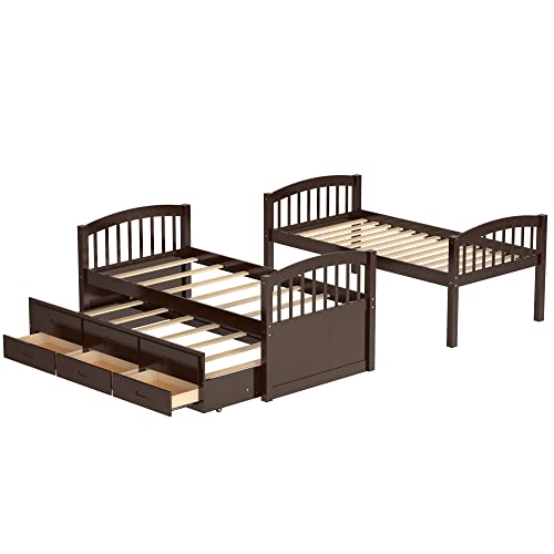 Twin Over Twin Bunk Bed with Storage Drawers and Trundle, Solid Wood Frame G366