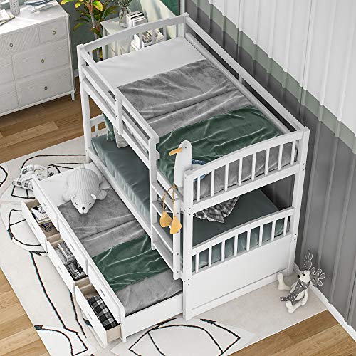 Twin Over Twin Bunk Bed with Storage Drawers and Trundle, Solid Wood Frame G366
