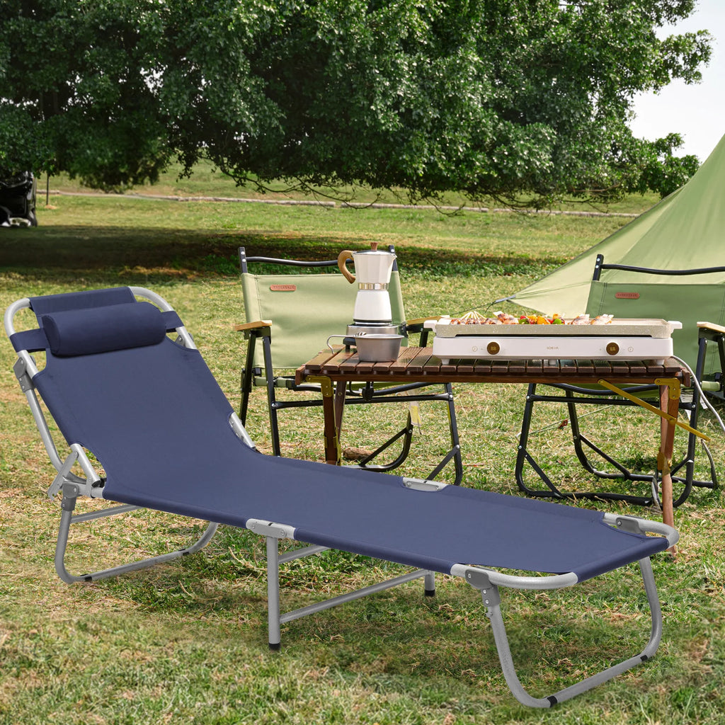 Portable Folding Bed Reclining Lounger Camping Cot with Pillow and Carry Bag J26660