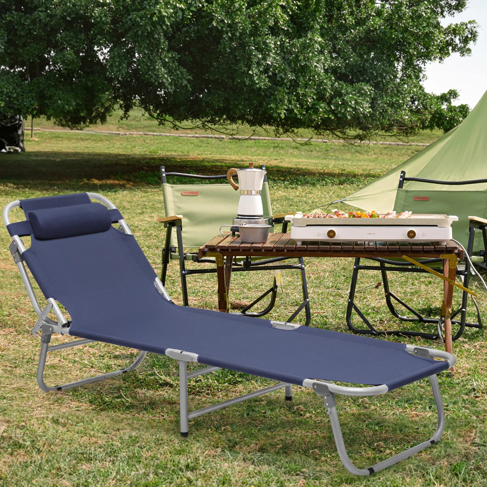 Portable Folding Bed Reclining Lounger Camping Cot with Pillow and Carry Bag J26660