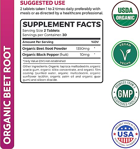Organic Beet Root Powder Supplement with Black Pepper, 120 Tablets R8567