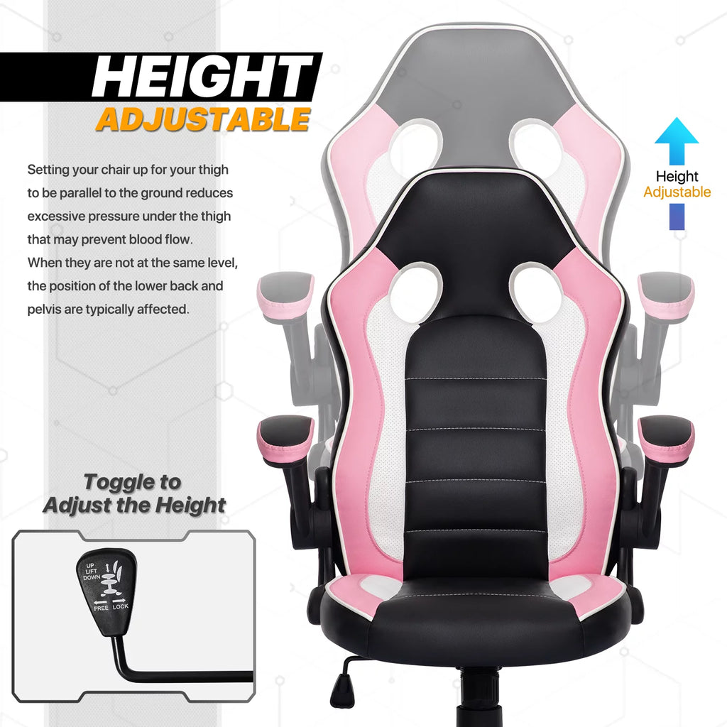 PU Leather Gaming Chair with Flip-Up Arms, Black/Pink D543