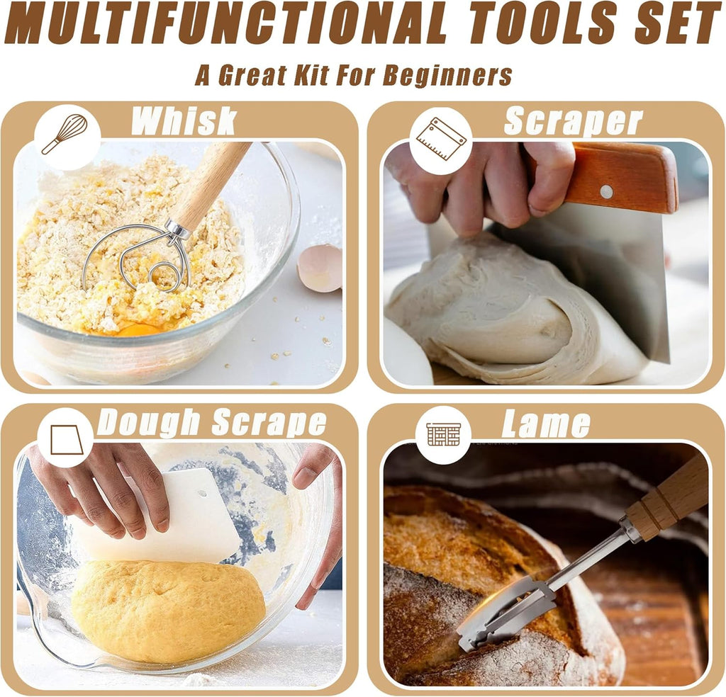 Banneton Bread Proofing Baskets Set with Lame, Danish Whisk, Liners S188