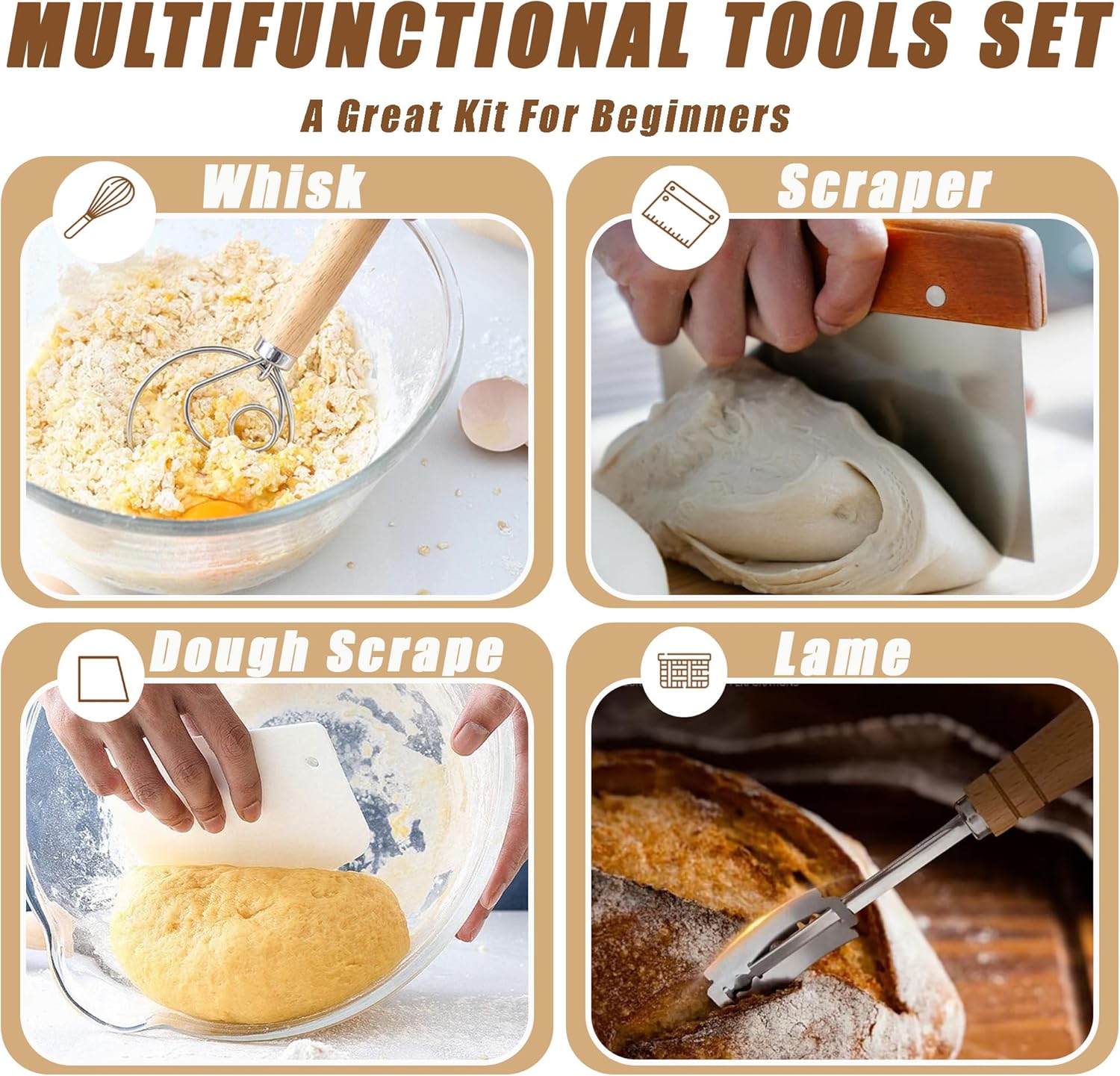 Banneton Bread Proofing Baskets Set with Lame, Danish Whisk, Liners S188