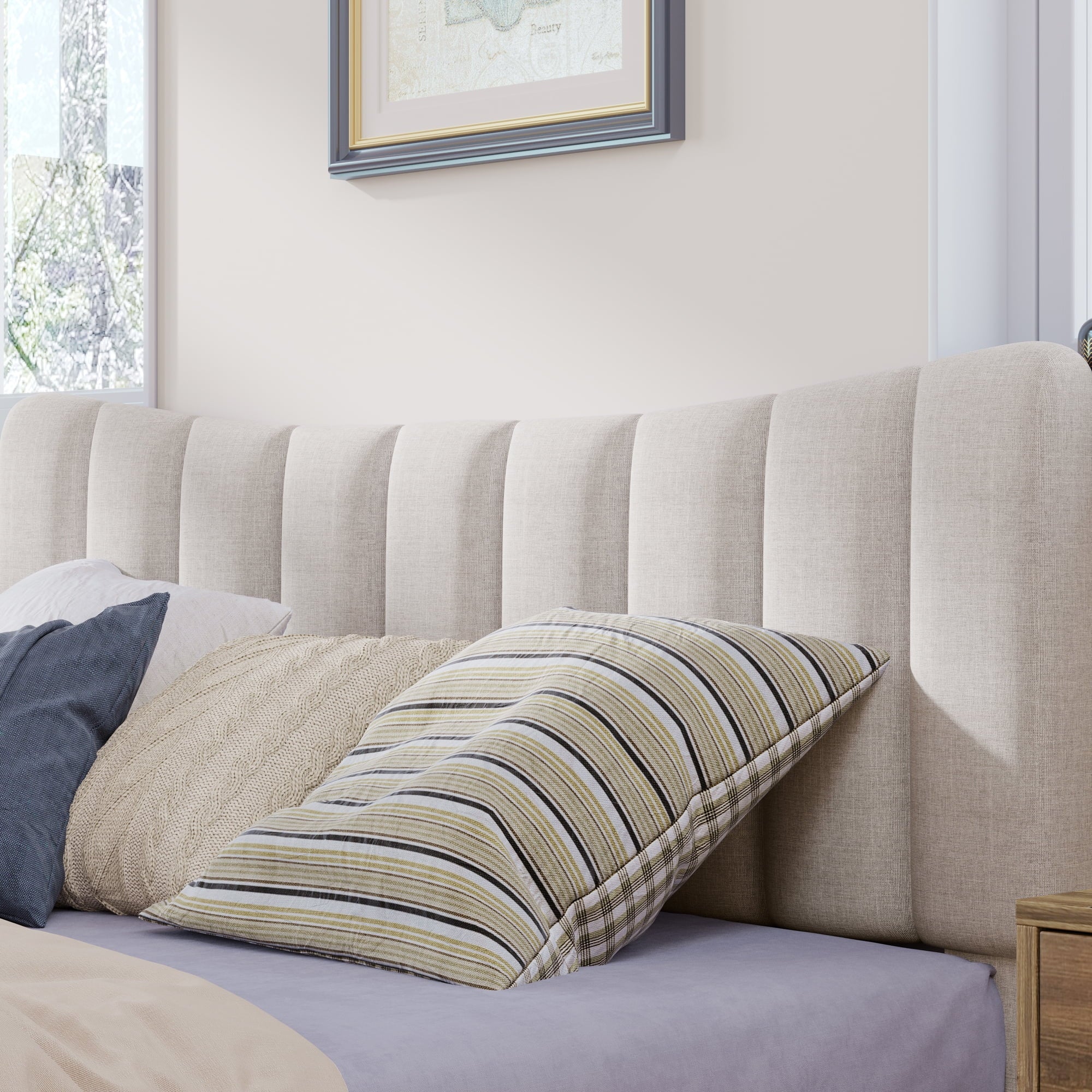 Upholstered Queen Platform Bed with Tufted Headboard, Solid Wood Legs, No Box Spring Needed A948666