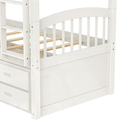Twin Over Twin Bunk Bed with Storage Drawers and Trundle, Solid Wood Frame G366