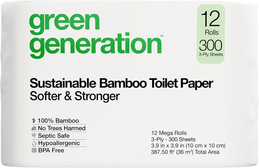 Bamboo Toilet Paper, Septic Safe, Long Lasting, Soft, FSC Certified, Sustainable, Organic, No Harmful Chemicals, 3-Ply, 12 Rolls, 300 Sheets/Roll