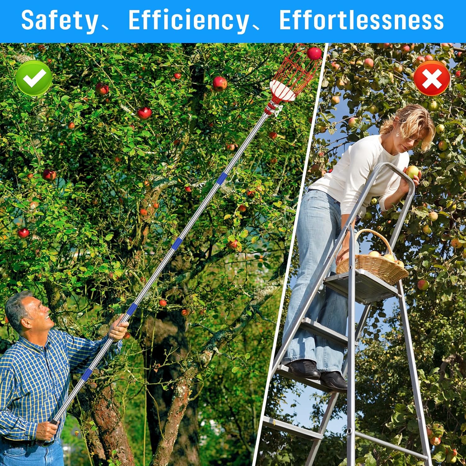 Fruit Picker Pole with Basket 13 FT Adjustable Lightweight Harvester Tool E43772