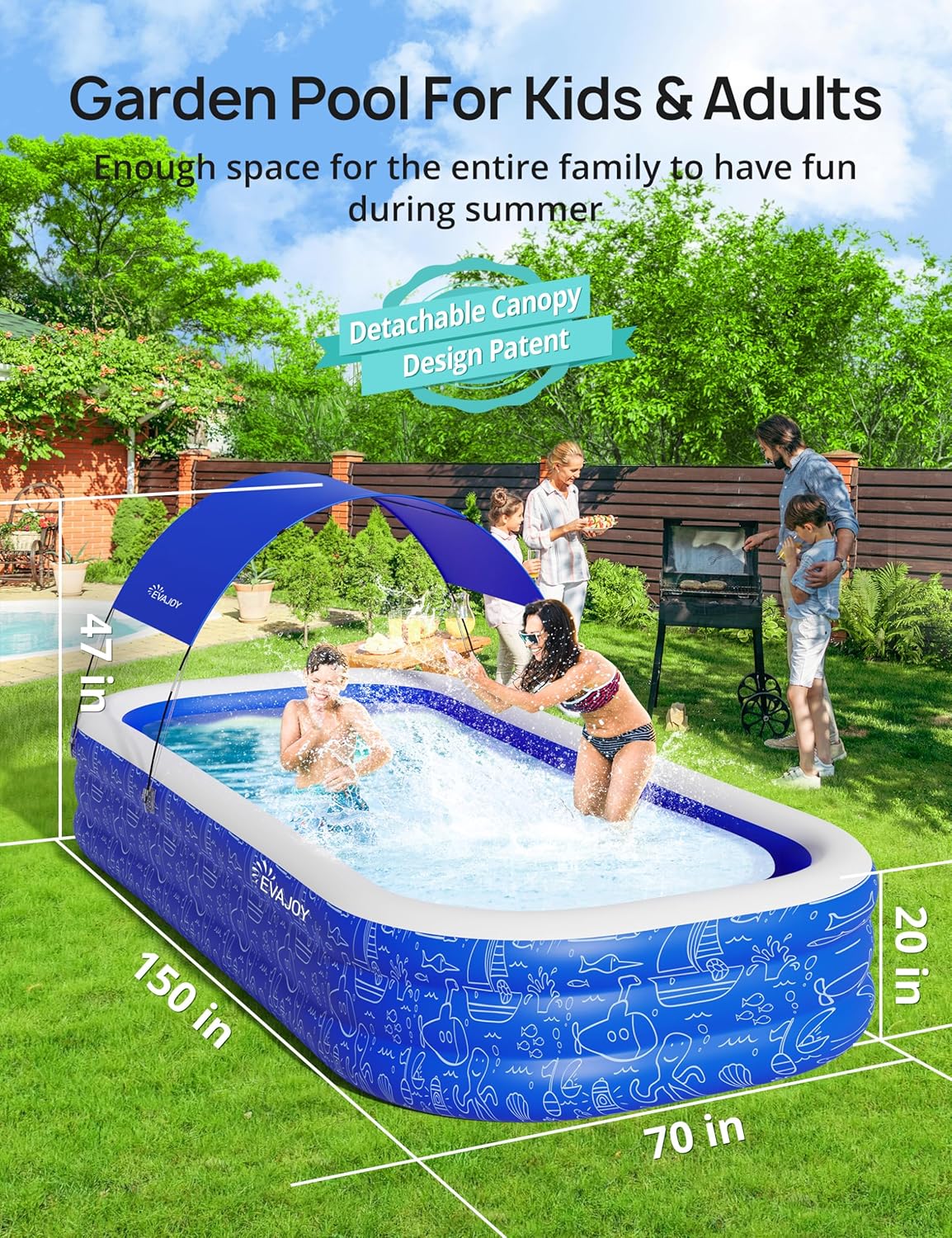 Inflatable Pool with Canopy for Kids and Adults, Outdoor Backyard Swimming Pool H883605