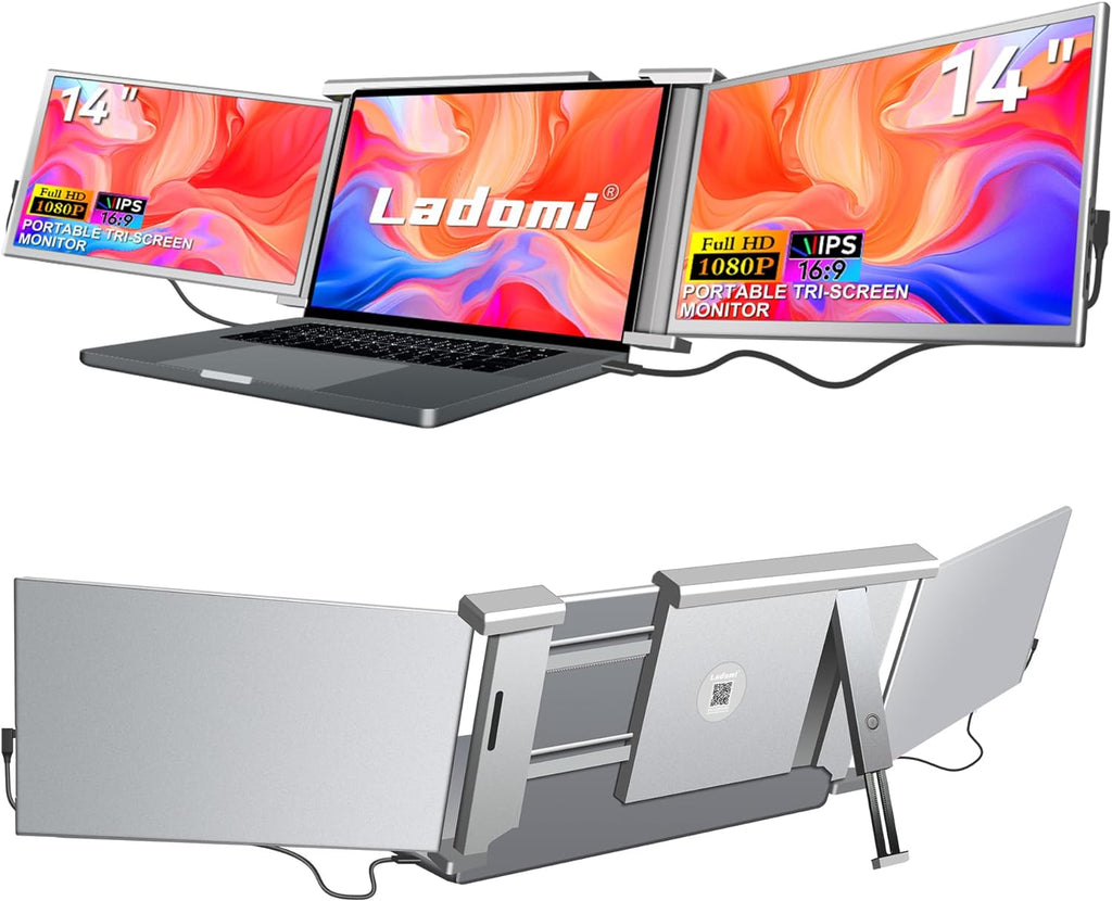 14" Triple Laptop Screen Extender, Plug and Play, FHD 1080P IPS Laptop Monitor Extender, Triple Portable Monitor, HDMI/USB-C Portable Monitor for 13.5" -16.5" Laptop - S1 Gray