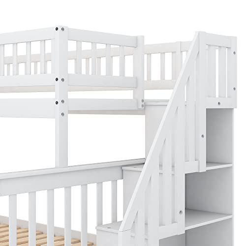 Twin Over Twin/Full Bunk Bed with Trundle and Drawers, Solid Wood Staircase T72769