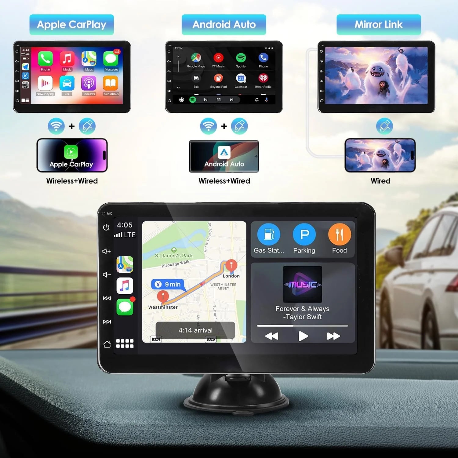 Portable 7-Inch Car Stereo with Wireless CarPlay, Android Auto & Bluetooth Handsfree R12677