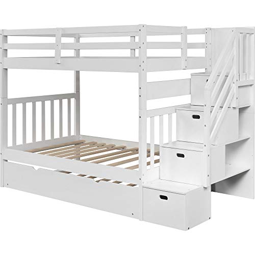 Twin Over Twin/Full Bunk Bed with Trundle and Drawers, Solid Wood Staircase T72769