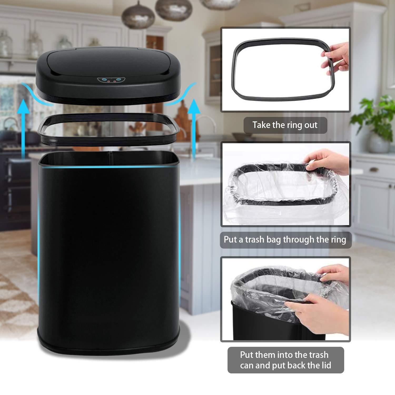 13 Gallon Black Stainless Steel Touch-Free Sensor Trash Can with Lid L921