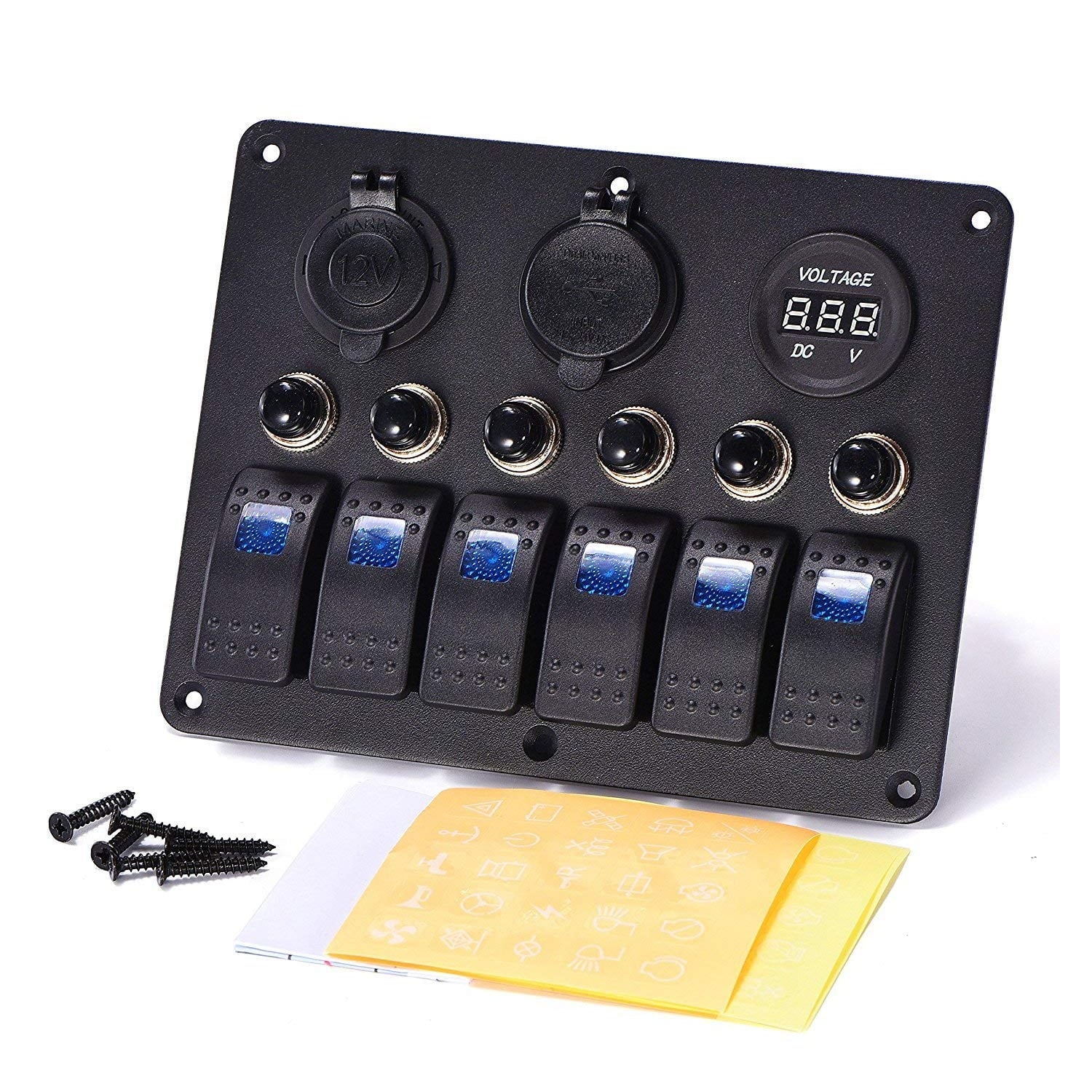 6 Gang LED Rocker Switch Panel Dual USB Waterproof Voltmeter U420905