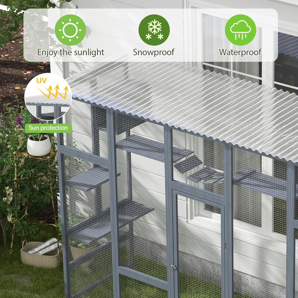 Outdoor Cat Enclosure with Weather Protection Roof, Grey M614