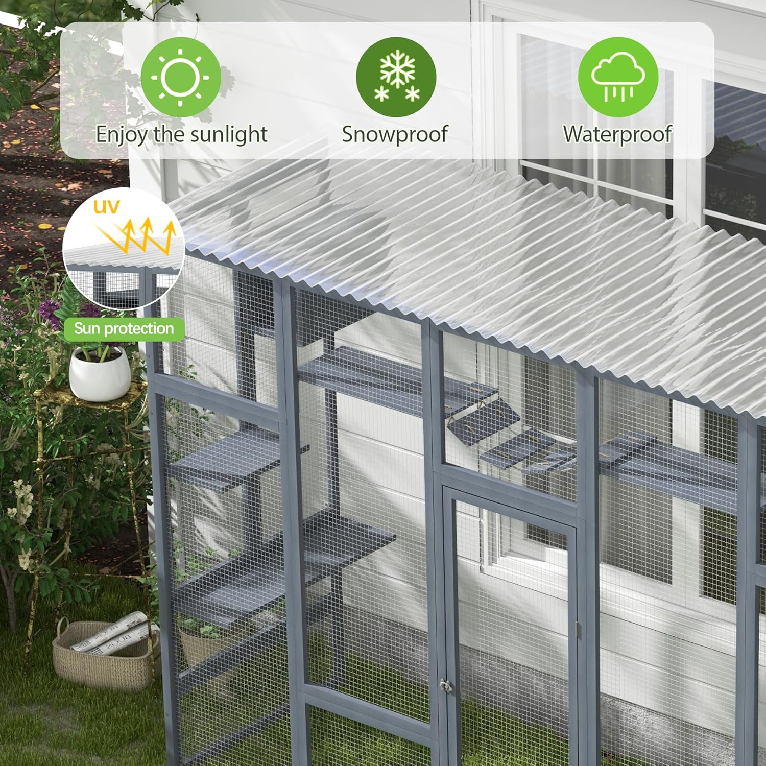 Outdoor Cat Enclosure with Weather Protection Roof, Grey M614
