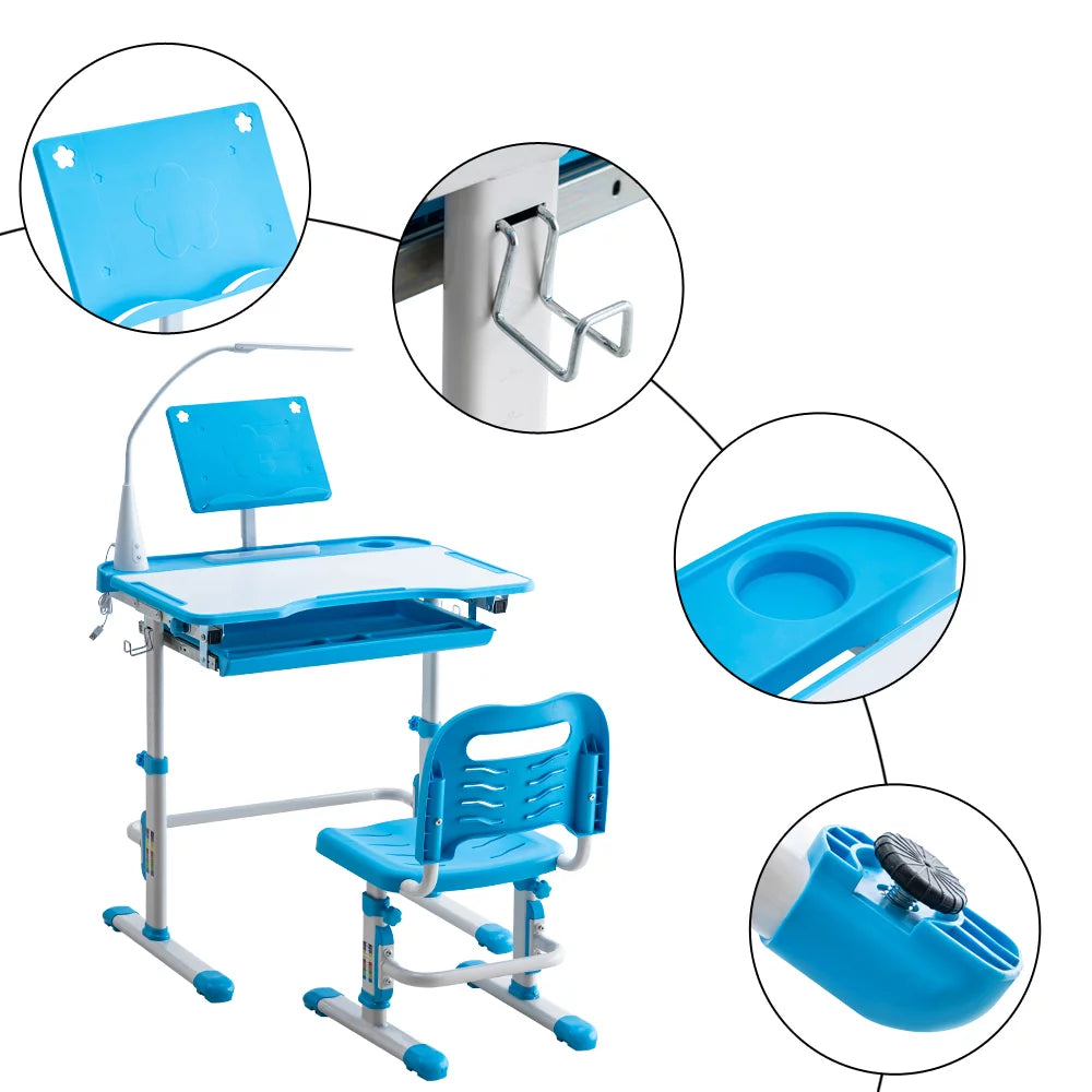 Kids Desk and Chair Set, Height Adjustable Study Table with LED Light G28059