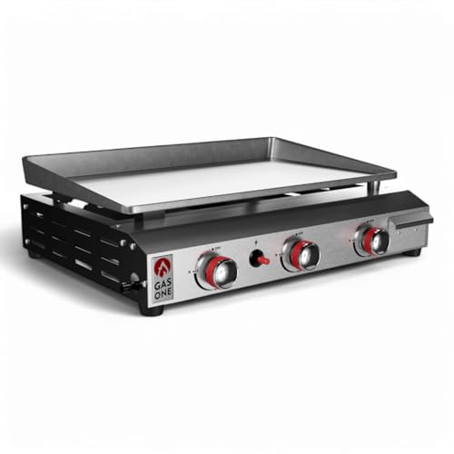 GasOne 26 In Flat Top Gas Grill with 3 Burners – Auto Ignition Propane – Premium Stainless Steel Body Tabletop with Pre Season Griddle – Oil Drip Tray – for RV, Camping