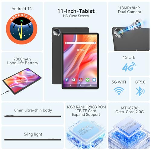 11 inch Android 14 Tablet 128GB ROM 16GB RAM 4G LTE WiFi Octa-Core W36923