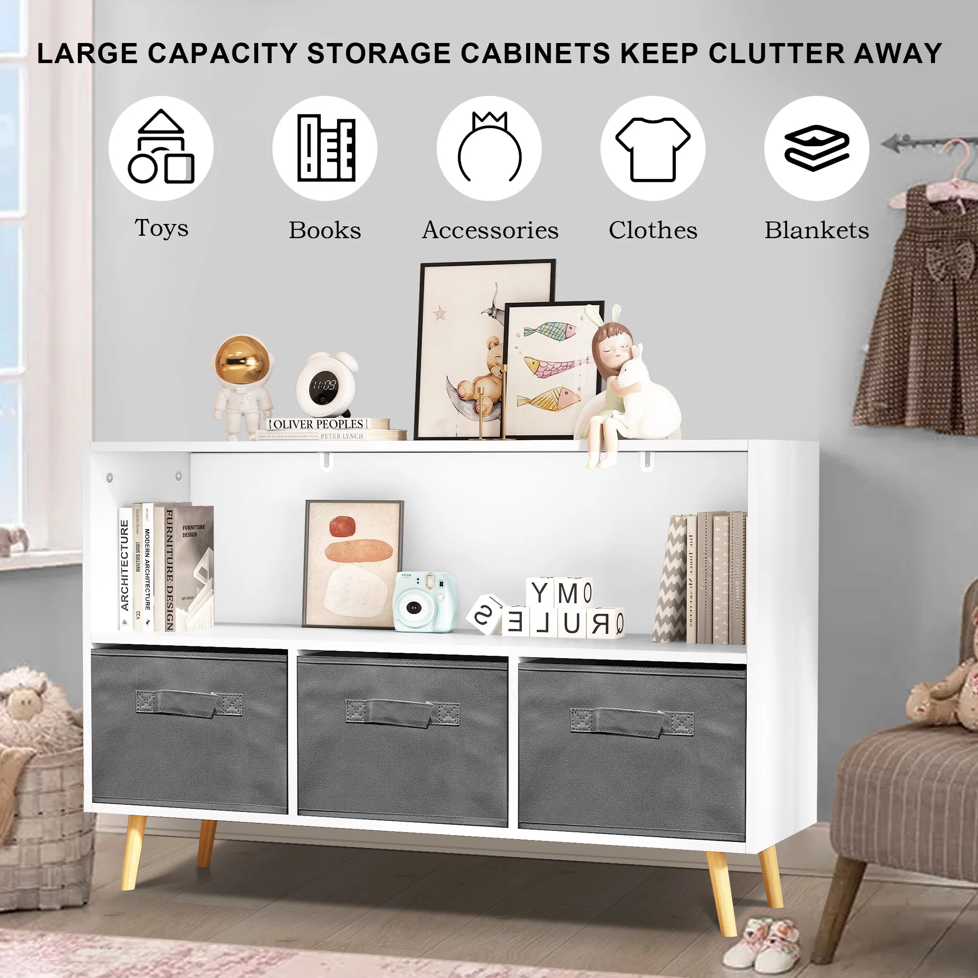 Kids Toy Storage Cabinet with Fabric Drawers Q16707