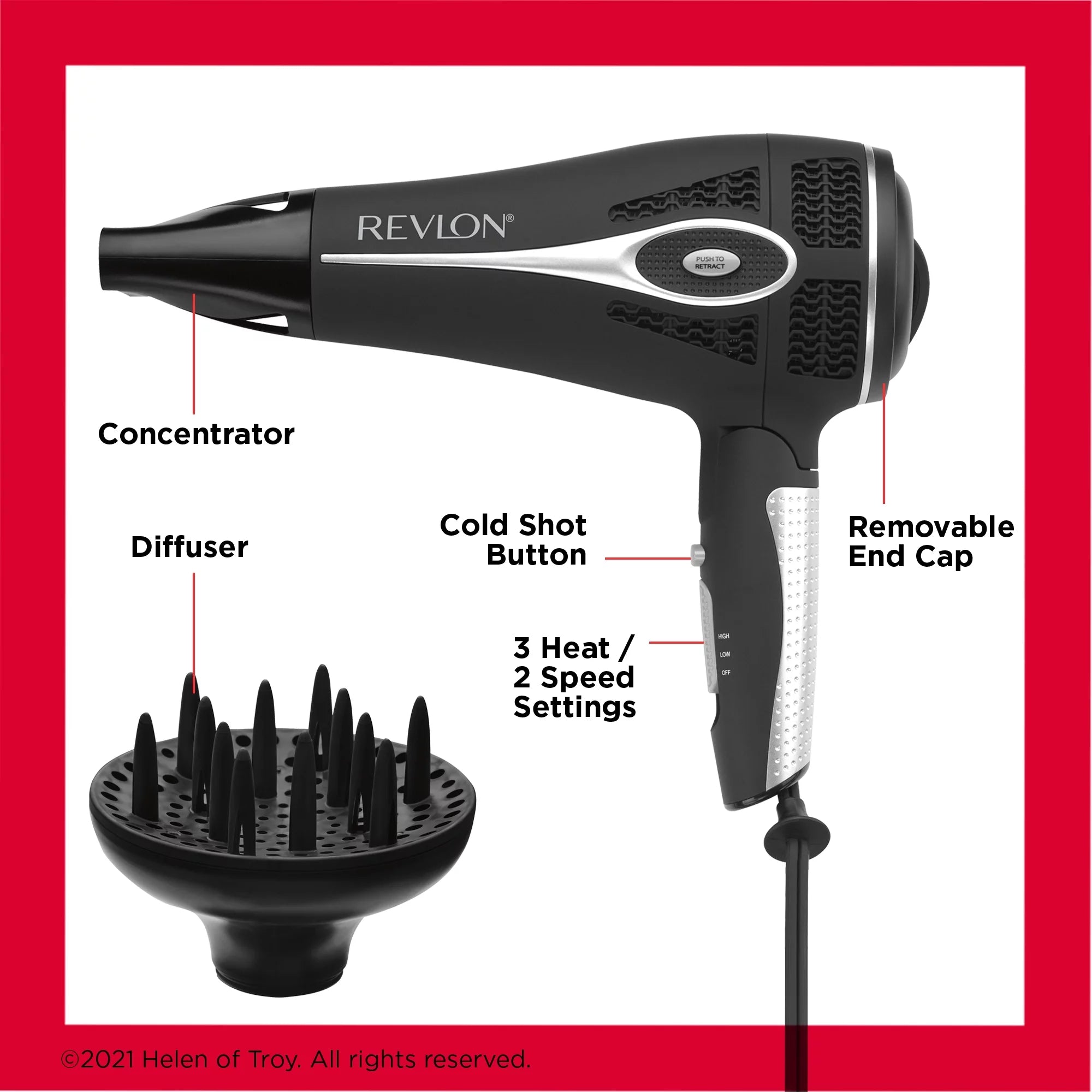 Ceramic Hair Dryer with Retractable Cord, Black C6788