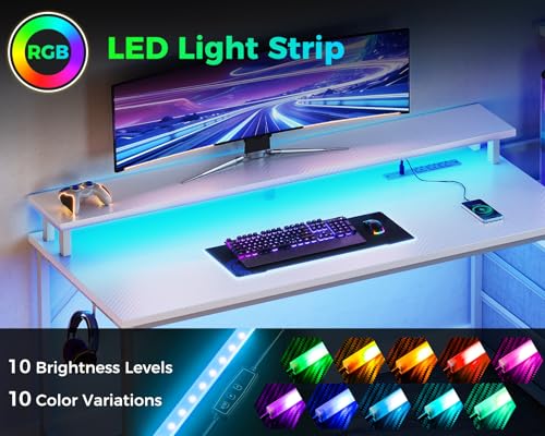 Gaming Desk with USB Charging Ports & LED Light, Reversible Computer Desk with Storage Shelves T781