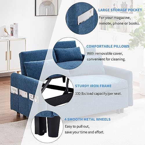 3 in 1 Convertible Sleeper Sofa Bed, Velvet Loveseat Futon with Pullout Bed, Gray N126326