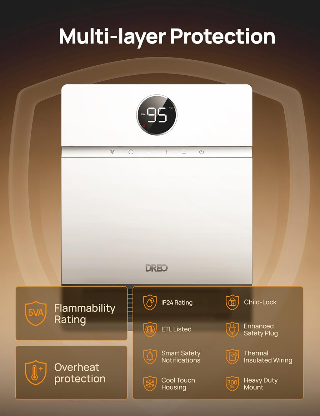 Smart Wall Heater, Electric PTC Space Heater for Indoor Use, Oscillation, Thermostat, Remote Control, Timer N80992