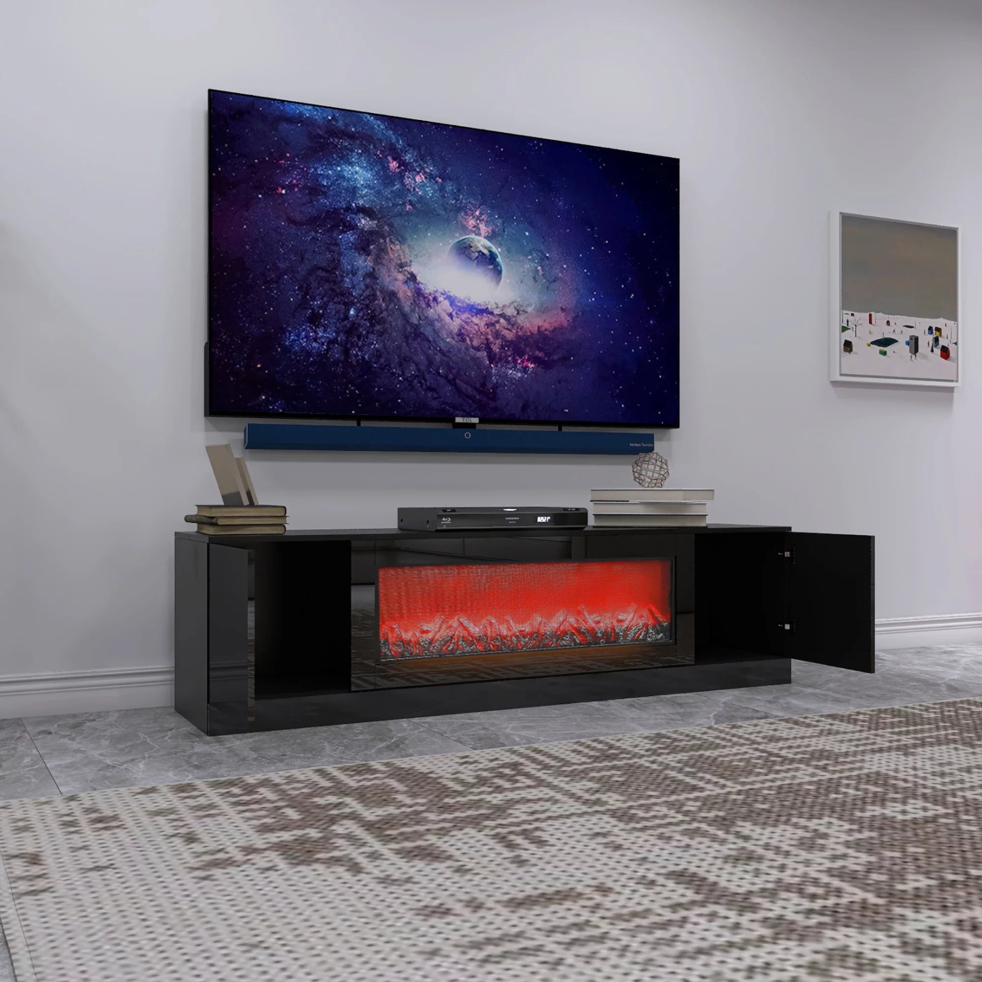 Electric Fireplace TV Stand with Wood Texture, High Glossy Finish H328340